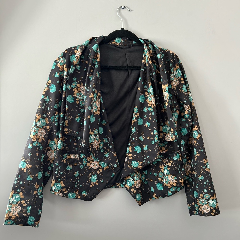 Black and Green Floral Blazer with Draped Open Front